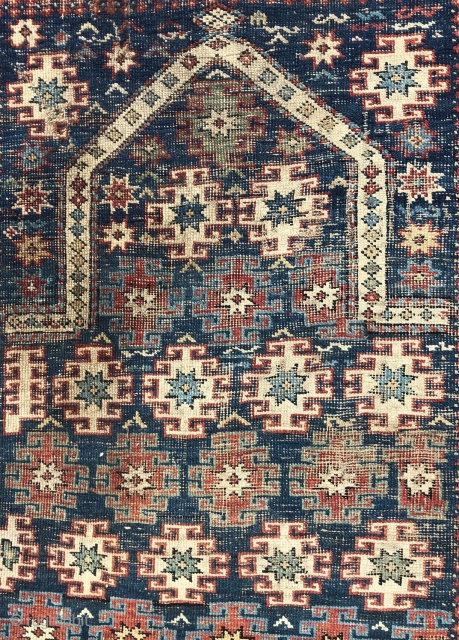 Antique Caucasian prayer rug with chi  chi type design. As found, very dirty. All good natural colors. Very low pile with wear as shown. Few small old crude repairs. Remnant original  ...