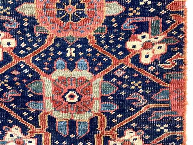 Antique Persian carpet fragment. Classic Mina khanhi design. Likely bidjar origin, thick with depressed weave. Lovely colors. All wool. Late 19th c. 22” x 49”        