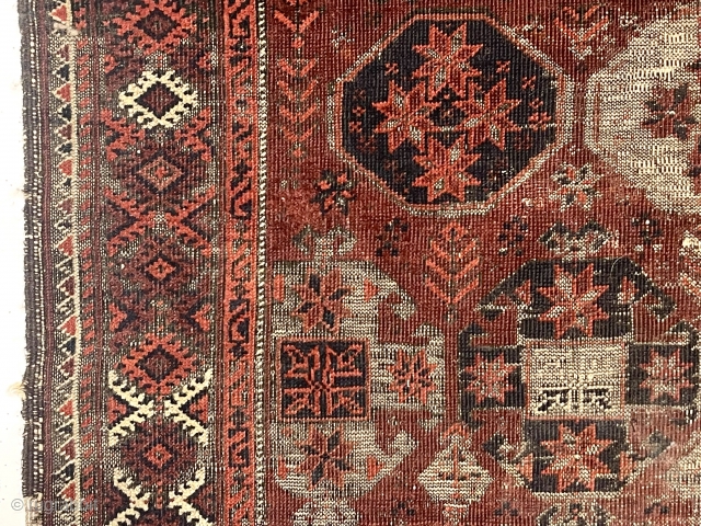 Older Baluch rug with an uncommon design. Overall intact but rough condition with heavily oxidized browns and wear as shown. All natural colors. Appears reasonably clean. An interesting example for study. Priced  ...