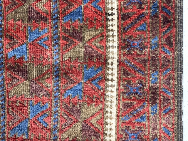 Antique small Baluch prayer rug in fine condition that will not disappoint. Lovely old colors featuring more than usual light blues. Glossy pile and cloth like handle. Browns show some oxidation. Excellent  ...