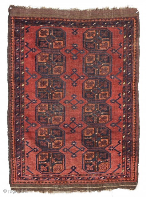 Cute little ersari rug. Just picked. Nice small size. Selling "as found", very dirty. Could use a tiny bit of repiling in center as shown, maybe old moth or oxidation or both,  ...