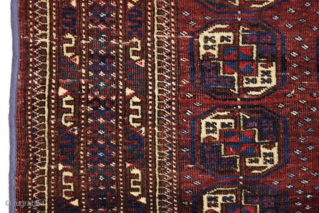 Another fun little turkoman rug. Size of a little tekke rug but looks saryk to me. "As found", decent pile with a few small creases as shown. Sides machine wrapped. Colors look  ...