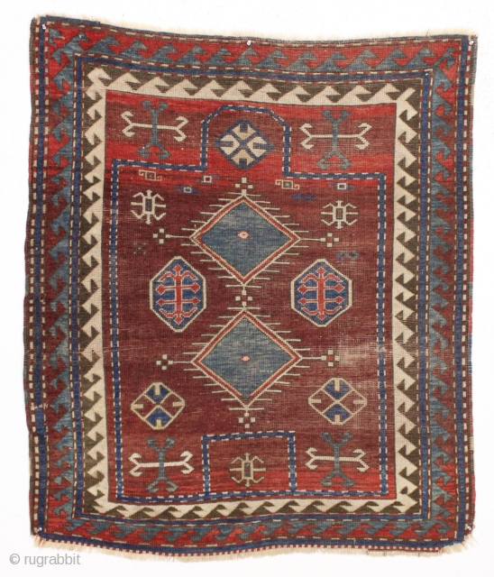 antique small bordjalou kazak prayer rug. Classic design with an interesting feature or two. Unusual abrashed mahogany colored ground. "as found", a bit dirty with some low pile and wear but more  ...