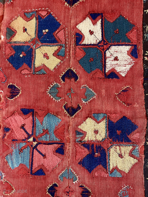 Early central Asian kungrat uzbek flat woven textile. Beautiful natural colors. Large fragment professionally hand sewn onto backing. Assembled from 4 narrow loom strips to get full width. Uncommon weaving. ca. 1850  ...