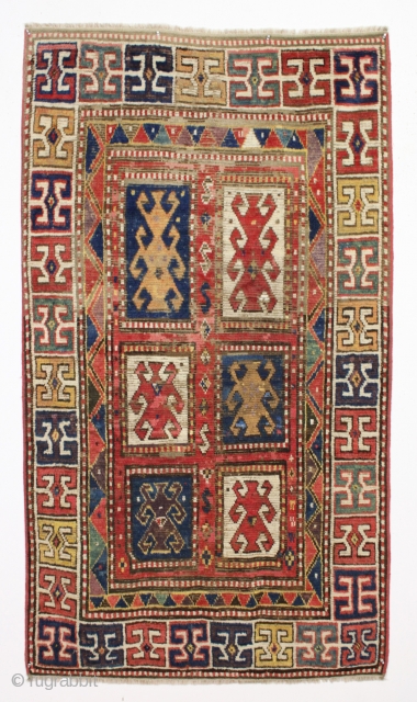 Early kazak or what's left after someone "repaired" it. Archaic. Probably mid 19th c. or earlier. 3'7" x 6'4"              