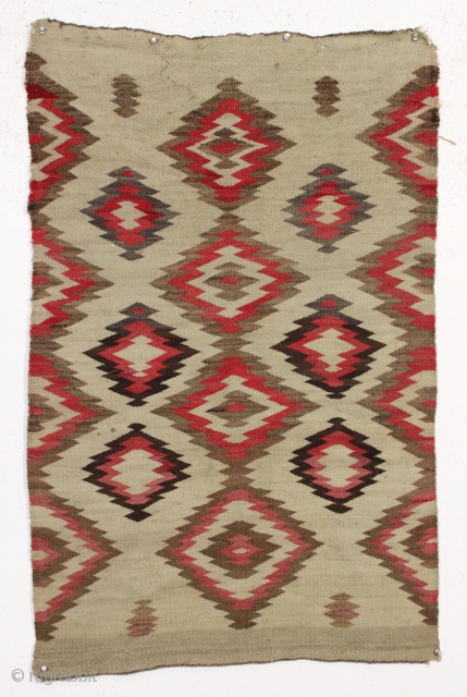old small navajo rug with an interesting design and overall fair condition. "as found", dirty but still floppy handle and I see a small hole or two barely showing. No color run.  ...