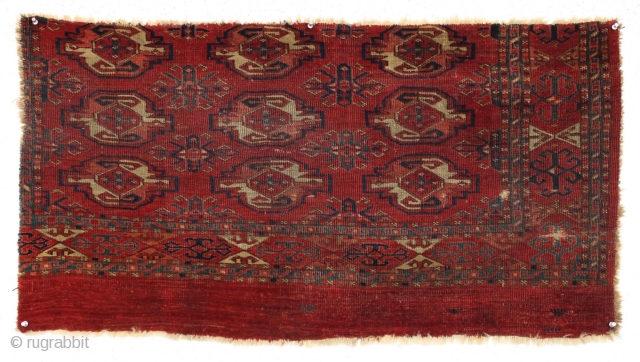 antique turkoman chuval. Older fragment, possibly kizil. "as found", very dirty with some low pile as shown. Has beautiful color under the dirt and should clean up nicely. ca. 1875 or earlier.  ...