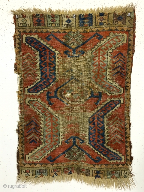 Antique Anatolian yastik. Rough but older example of the saz leaf type. All natural colors. Wear and damage as shown. Good age, ca. 1870 or earlier. 22" x 31"    