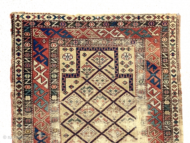  Early Caucasian prayer rug. As found dirty with scattered wear and heavily oxidized blacks. Archaic mihrab. Not something you see often. 1st half 19th c. 
2’9” x 3’11”    