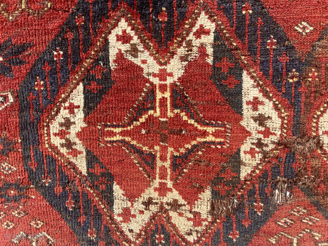 The pile of turkman bags is dangerously high. Early Ersai ikat group torba. Nice yellow/gold highlights (lips?). As found. Mid 19th c. Not an auction, you can just buy. $495 
22” x  ...