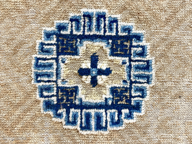 Early Chinese square. Lovely color. Overall low pile and ragged edges. As I recall a RN piece. Draws you in. 
ca. 1800 or earlier. 24” x 28”      
