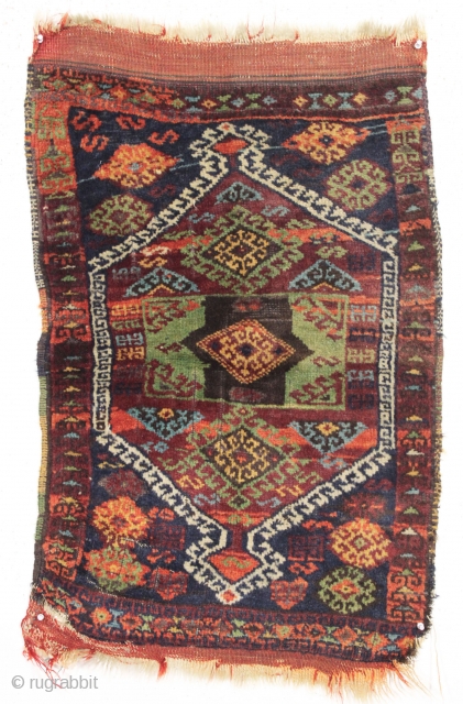 antique east anatolian yastik. Thick high pile. "as found", dirty with crease and edges a bit rough as shown. Deep blue ground. Nice greens. ca. 1880. 1'11" x 3'1"    