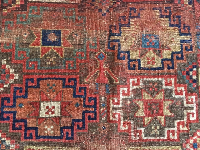 Early large kurdish rug in rough condition. Interesting design with quirky borders. As found with heavy wear and rough edges as shown. All good saturated natural colors and good quality wool. Clean.  ...