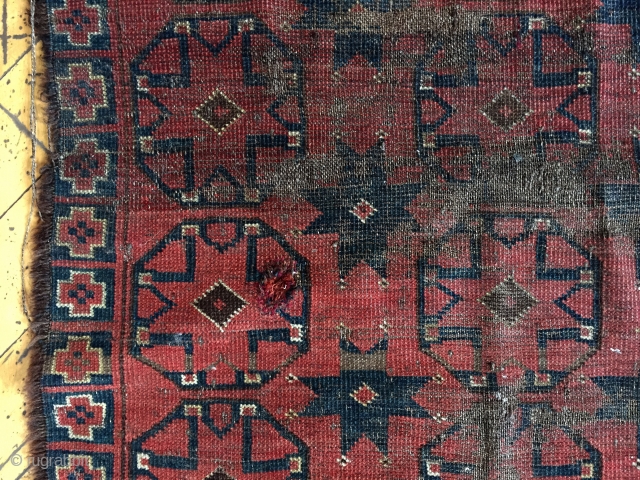 Antique little ersari beshir rug. Interesting design. Good color. Ravaged by wolves. Storage clean out priced. 19 th c. 2'8" x 3'6"           