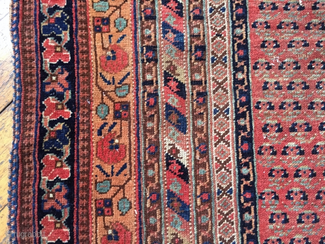 Antique Afshar rug with an unusual field design. Pretty border. All good colors. Thin with low even pile. Few small holes in field. Storage clean out priced. Late 19th c. 4'7" x  ...