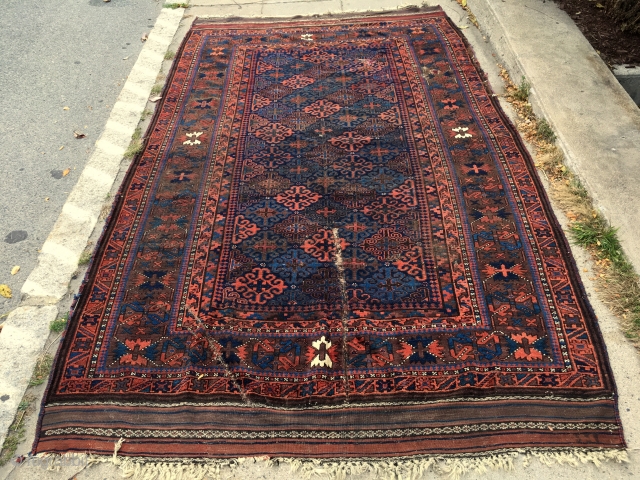 Antique Baluch main carpet. Fresh New England rug. As found, mostly good pile with creases, small damages and original selvages and kelim ends. Glossy wool with all natural colors. Few small cloth  ...
