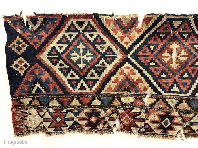 Textile bin clean out. Shirvan kelim fragment. Good age. Rough edges. 
18” x 61”
waynecbarron@gmail.com
                   