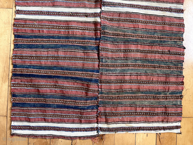Textile bin clean out. Fine old jajim fragment. Narrow pieces sewn together. Dark wool warps. Origin? Lovely old colors. 19th c. for sure. 27” x 70”
waynecbarron@gmail.com       