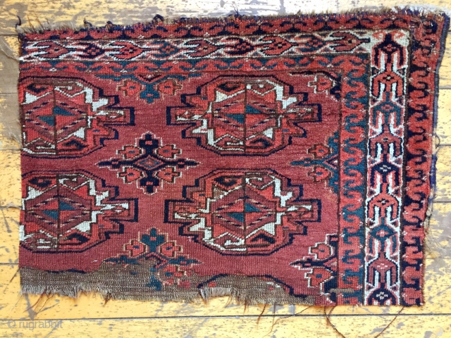 Antique yomud chuval fragment. Good natural colors. From an older example. Ca. 1880 or before. Storage clean out priced.
17" x 23"            