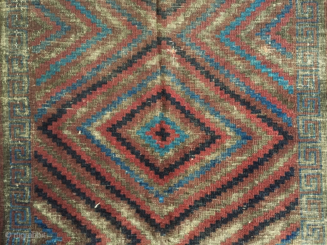 Antique mushwani Baluch main carpet. Older example with all natural colors. As found with heavy wear and brown oxidation. Storage clean out priced. 19th c. 5'9" x 8'9"     