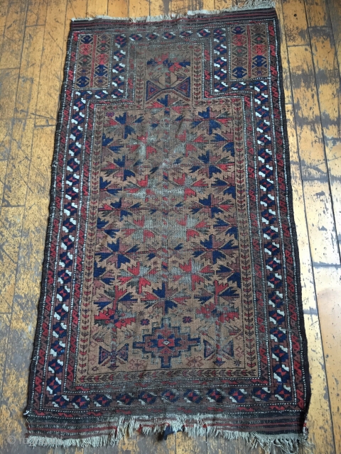 Antique Baluch prayer rug. Older example with all natural colors. As found with wear, oxidation and slight damage as shown. Storage clean out priced. 19th c. 2'8" x 4'9"    