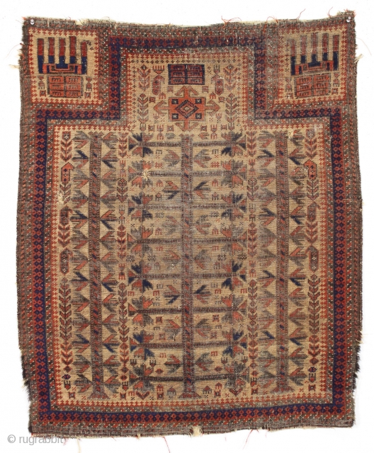 Antique baluch prayer rug. Terrific design. Great small size. Very thin with overall wear and heavy corrosion as shown. All good colors. No repairs. 19th c.2' 10" x 3' 5"   