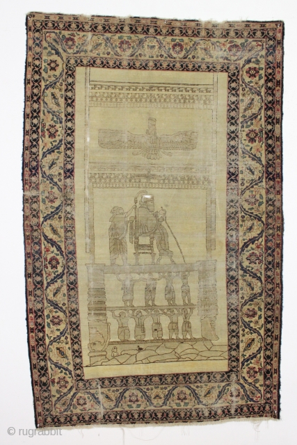 Antique persian kirman pictorial rug. Interesting design. "as found", dirty and with wear and damage as shown. Older colors. Good age, late 19th c.? 4'5" x 7'1"      