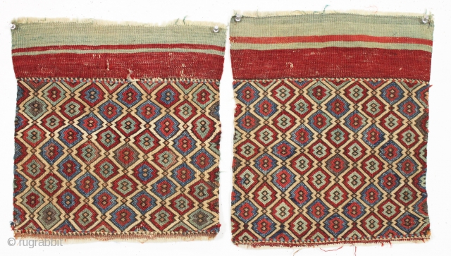 Pair of antique flat woven items. Turkish? Interesting waisted diamond designs. All natural colors featuring nice light blues, greens and purples. Good condition with no repairs. 19th c. each app. 14" x  ...