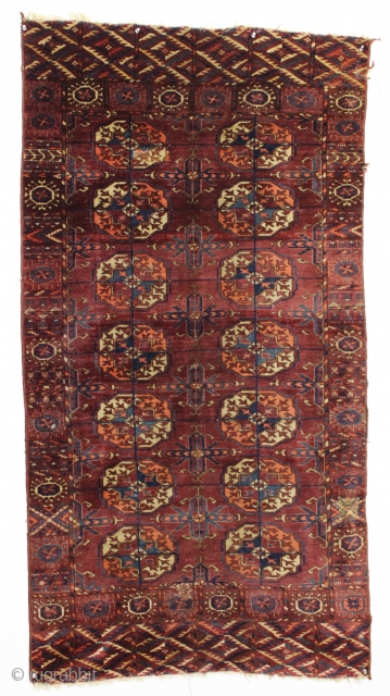 Antique small tekke rug. I have never had one woven 2 guls wide. Seems to be double the length of a typical dowry piece. Good lustrous pile. All good colors. A few  ...