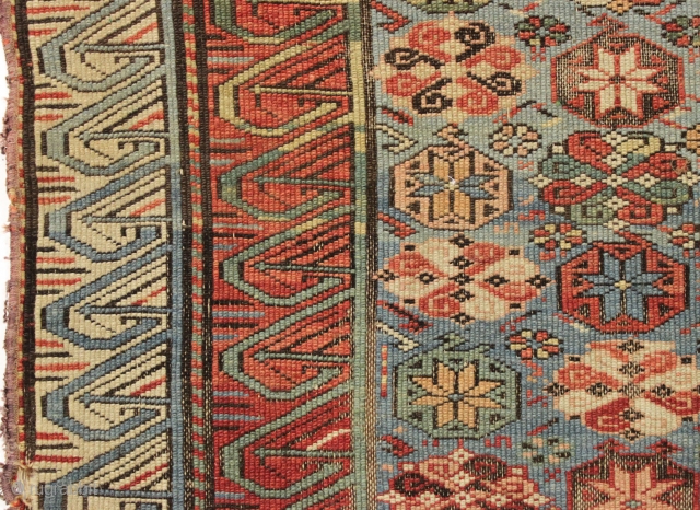 Antique seichour rug. Unusual and fresh, meaning very very dirty, rug with a novel design I have not seen before. The weaver liked the large Georgian border so much she used it  ...