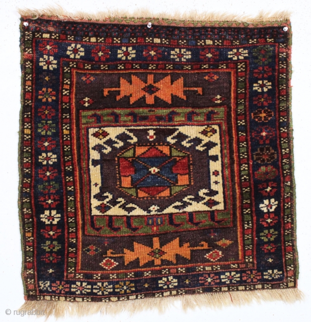 antique kurdish bagface. Another example of the type. Good overall condition.  All natural colors with excellent wool. Pretty greens. Clean. good age ca. 1875. 26" x 27"     