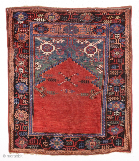 antique small turkish karaman prayer rug. Lovely old rug with all good natural colors including pretty greens and a fine old purple. Mostly good pile. Clean with a small bit of well  ...