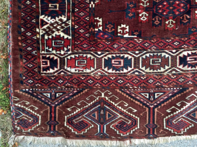 Antique yomud kepse gul main carpet. Washed but otherwise as found with wear and slight damage as shown. Storage clean out priced. 19th c. 7' x 9'3"      