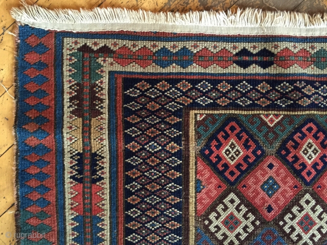 Antique kurdish rug fragment. Terrific design. All natural colors. As found with wear, damage and shortened in length. Storage clean out priced. 19th c. 3'7" x 4'8"      