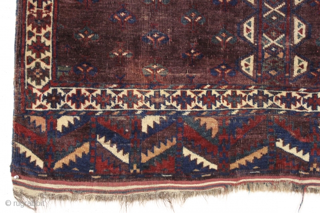 Antique yomud ensi or small rug. Unusually spacious drawing and interesting end panels. Rich deep purple ground and all natural colors. Wear, corrosion, damage as shown. Washed. Glossy wool. Difficult to photograph  ...