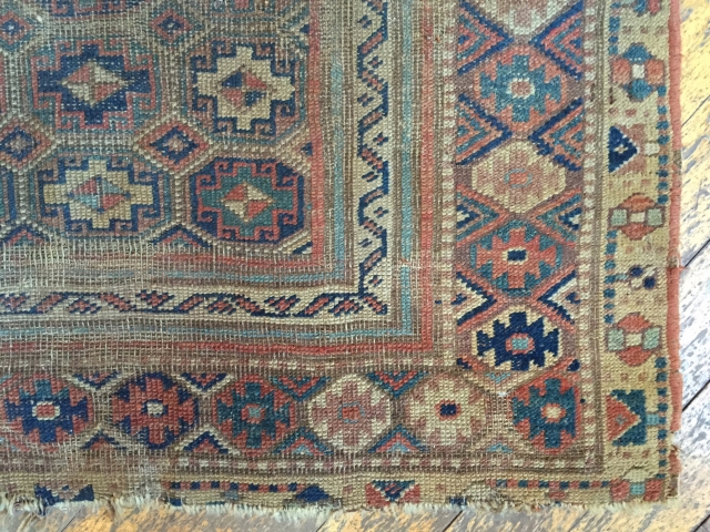 Antique kurd bidjar rug. As found, very dirty with heavy wear, old moth and scattered damage as shown. Storage clean out nearly done. 19th c. 3'10" x 6'4"     