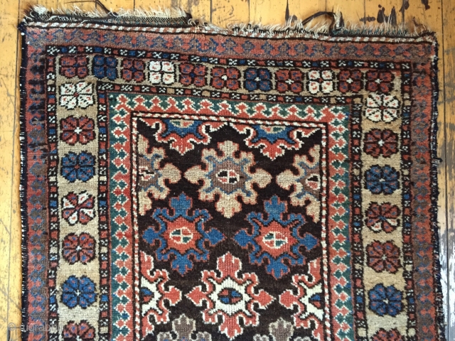 Antique runner, good quality, maybe kurdish or luri. Interesting snowflake design. Lots of natural brown wools. As found with some wear and brown oxidation. Good natural colors. Nice purples. Reasonably clean. Restorable  ...