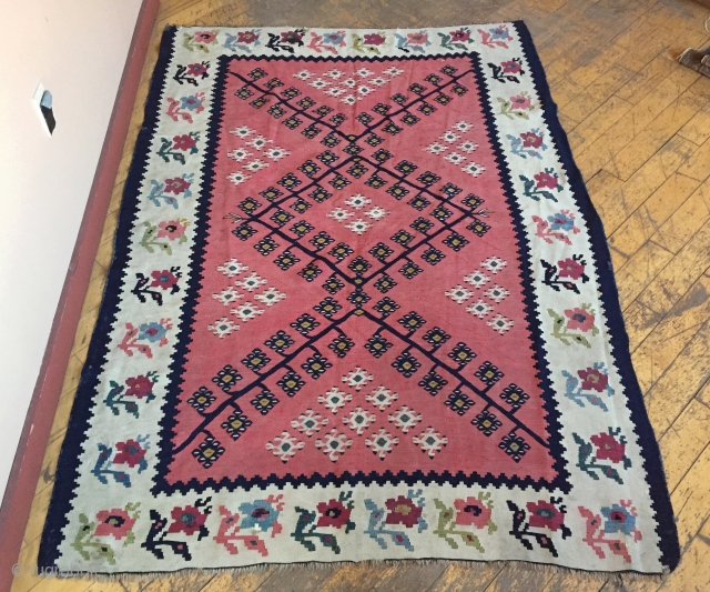 Antique Balkan or sarkoy Kilim. Pretty good condition, maybe use a wash. As found out of a New England barn. Last few storage clean out pieces. Not my area but looks early  ...