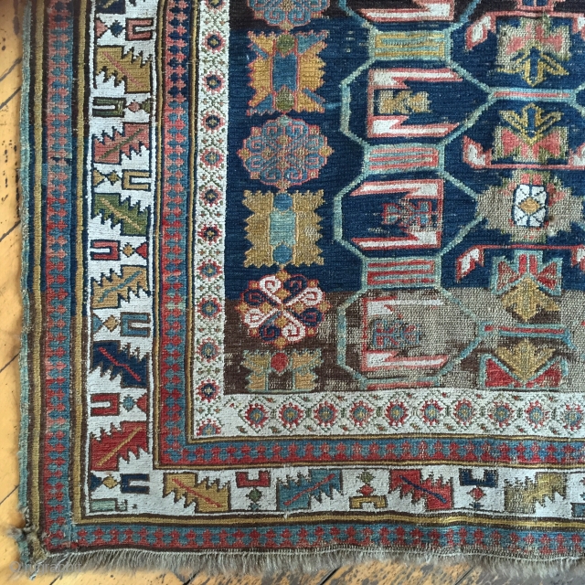 Antique little fragment of a Caucasian soumak rug. Nice field design with endless knots. Appears to have good color. Reasonably clean. Storage clean out priced. 19th c. 3'2" x 3'9"   