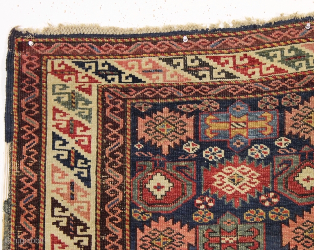 antique seichour kuba rug. Active and interesting field design. Fresh New England rug. All natural colors. As found, very very dirty with some wear, very small hole as shown. Original selvages. Couple  ...