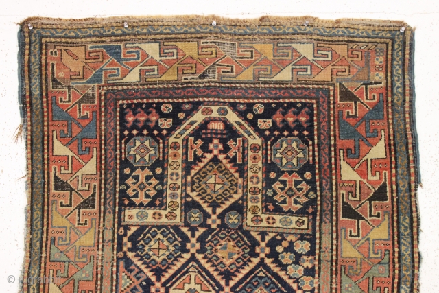 antique caucasian akstafa prayer rug. As found, very very dirty with mostly decent pile but some small damage and edge roughness as shown. Typical good soft colors, should clean up nicely. Oxidized  ...