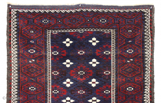 Antique large baluch. Lustrous wool, beautiful blues and saturated reds. Pretty good overall condition. Original brown oxidation. Great floor rug. Clean and sparkly crisp. late 19th c. 3'6" x 6'8"    ...