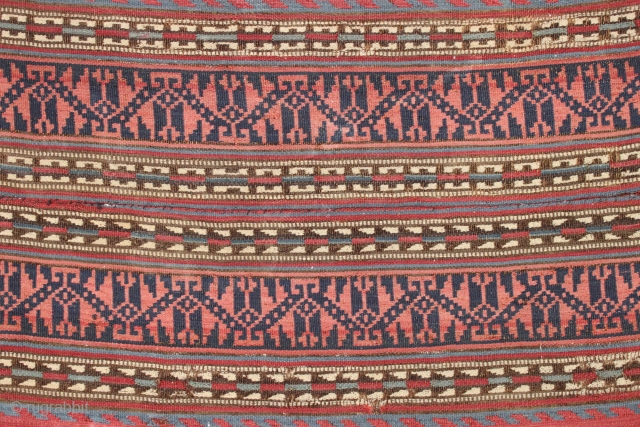 Antique textile jajim fragment. Fine fine fine. All natural colors. Lightly sewn onto cloth. Colorful older example. 19th c. 18" x 38"           