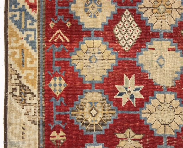 antique caucasian rug. Unusual little rug, maybe kuba or possibly avar, with a soft palette and some attractive archaic elements. As found, very dirty with some good pile and some wear as  ...