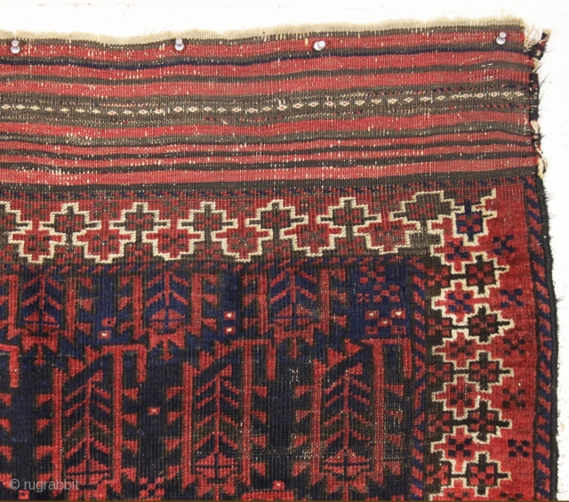 antique baluch rug with an unusual and attractive border. As found, overall mostly decent pile, scattered wear as shown. All good natural colors. Remnant original selvages and fancy long kelim ends. Reasonably  ...