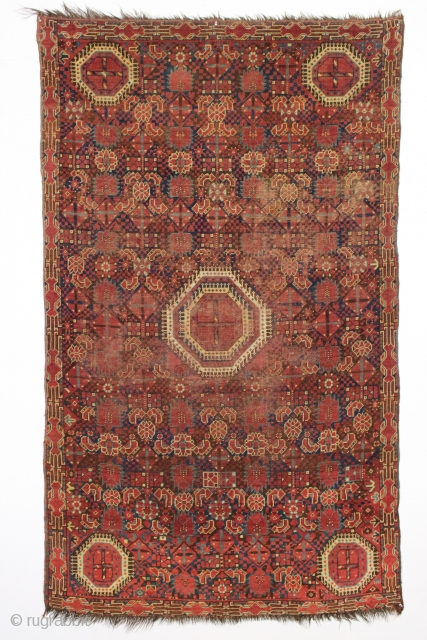 Antique small ersari beshir rug. Interesting example with a wonderful border and an abrashed blue ground. Reasonably fine weave. All natural colors with a fine red. "as found" condition, quite dirty, with  ...