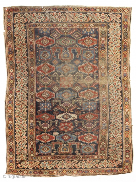 antique caucasian shirvan rug with an interesting field design and an iconic "chi chi" slash border. "as found", complete, but very very dirty with substantial center wear as shown. Priced accordingly. All  ...