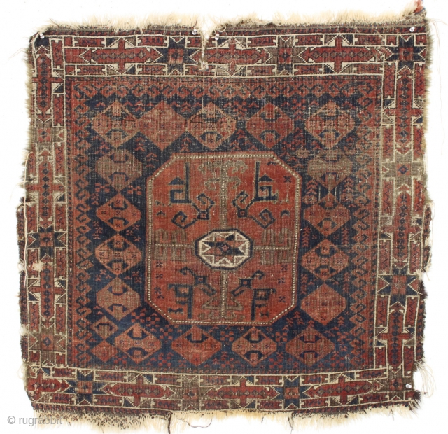 Antique large baluch bagface. Interesting design with c gul inspired elements. Appears to have all good colors but "as found", very very dirty and edges rough. 19th c. 35" x 36"  