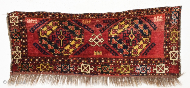 Antique turkoman like trapping or large bagface with thick thick pile and a wild design. Persian knotted with lustrous wool. Appears to have bristly warps, maybe goat hair or a mix of.  ...