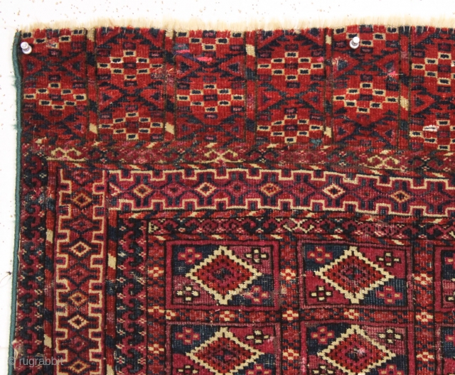 antique little tekke rug with interesting aina gul field and very nice elem panels. All natural colors and fine weave. Overall thin with even low pile. Looks like few original cotton or  ...
